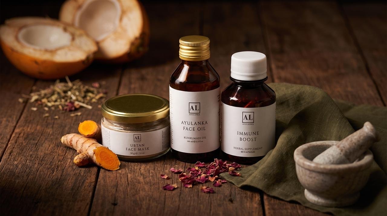 AYULANKA products with turmeric, rose petals, herbs and a stone mortar
