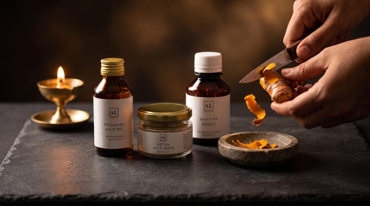 AYULANKA products beside a brass oil lamp with fresh turmeric being peeled