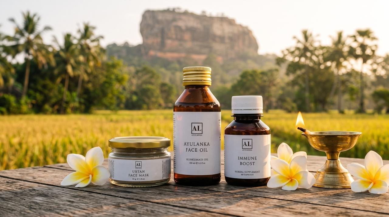 AYULANKA Face Oil, Ubtan Face Mask and Immune Boost with Sigiriya rock in the background